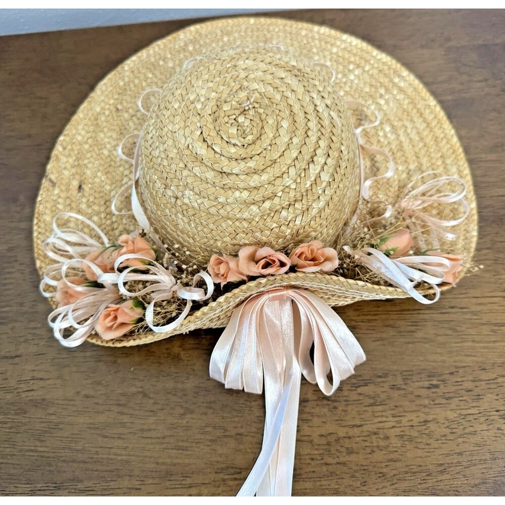 Straw Hat with Peach Flowers, Ribbons Grannycore Cottagecore Wall Decor - Picture 4 of 10